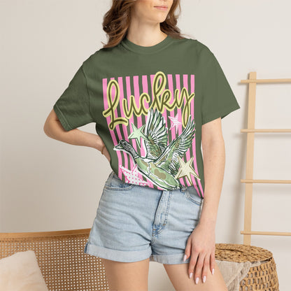 Lucky Duck T-Shirt — Retro Striped Graphic Tee with Flying Duck and Stars