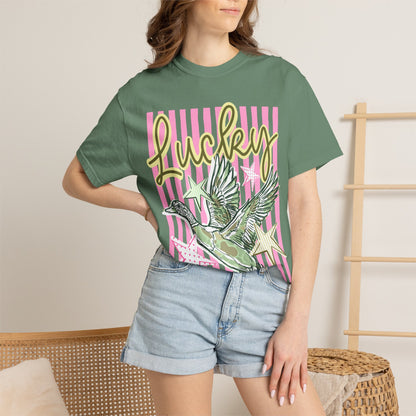 Lucky Duck T-Shirt — Retro Striped Graphic Tee with Flying Duck and Stars