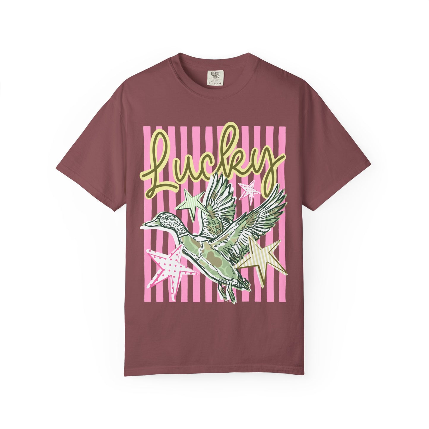 Lucky Duck T-Shirt — Retro Striped Graphic Tee with Flying Duck and Stars