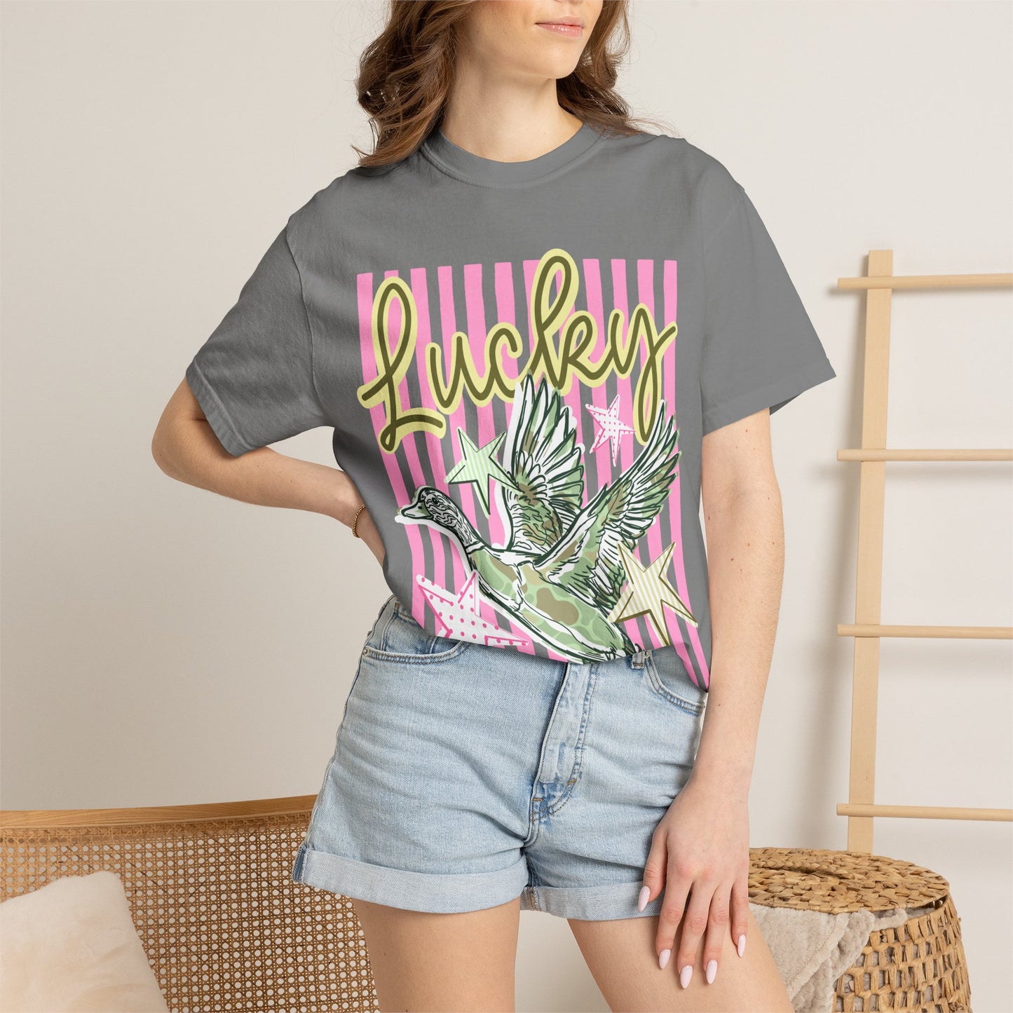 Lucky Duck T-Shirt — Retro Striped Graphic Tee with Flying Duck and Stars