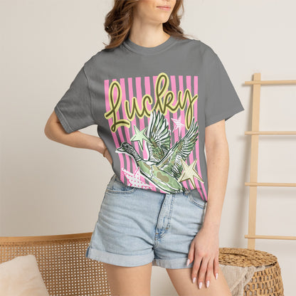 Lucky Duck T-Shirt — Retro Striped Graphic Tee with Flying Duck and Stars