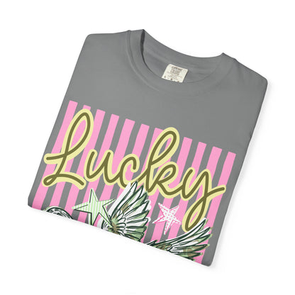 Lucky Duck T-Shirt — Retro Striped Graphic Tee with Flying Duck and Stars