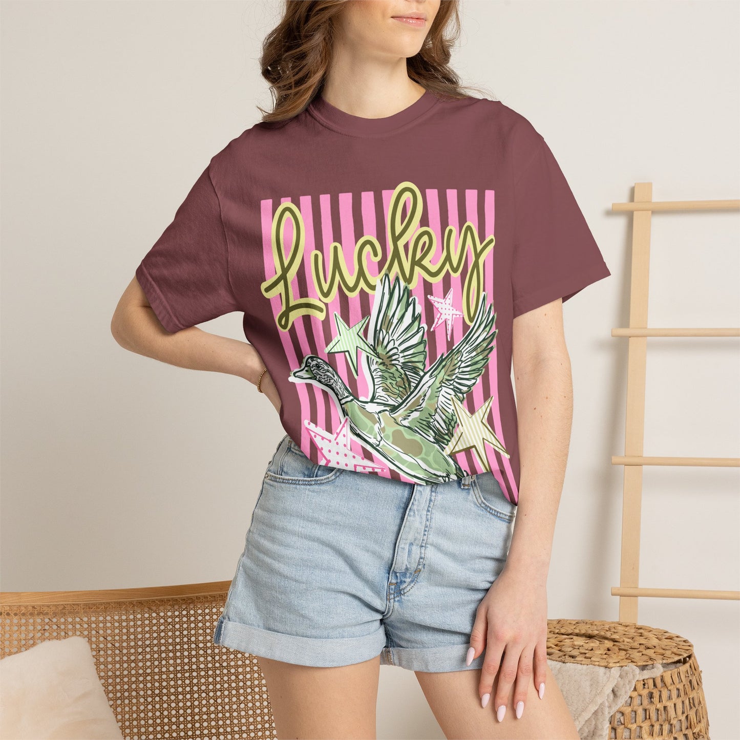 Lucky Duck T-Shirt — Retro Striped Graphic Tee with Flying Duck and Stars