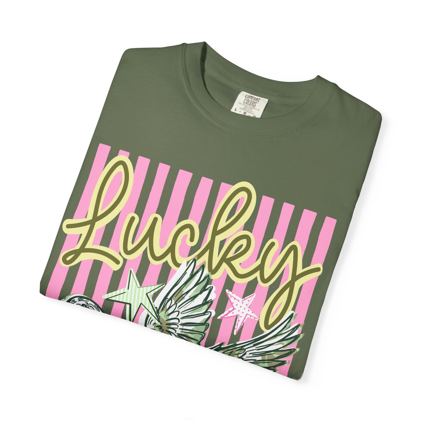 Lucky Duck T-Shirt — Retro Striped Graphic Tee with Flying Duck and Stars