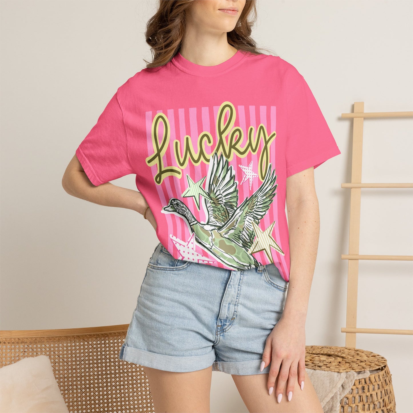 Lucky Duck T-Shirt — Retro Striped Graphic Tee with Flying Duck and Stars