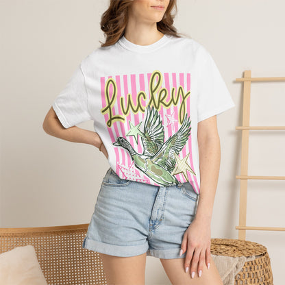 Lucky Duck T-Shirt — Retro Striped Graphic Tee with Flying Duck and Stars