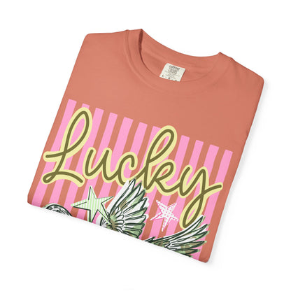 Lucky Duck T-Shirt — Retro Striped Graphic Tee with Flying Duck and Stars