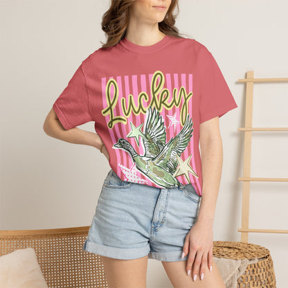 Lucky Duck T-Shirt — Retro Striped Graphic Tee with Flying Duck and Stars