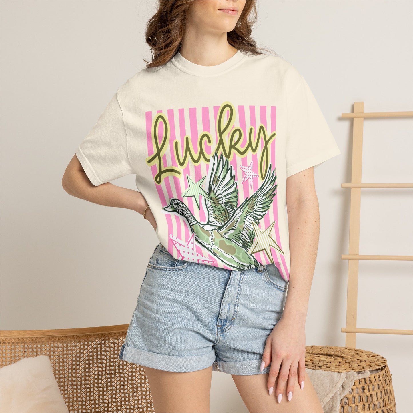 Lucky Duck T-Shirt — Retro Striped Graphic Tee with Flying Duck and Stars