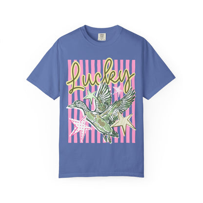 Lucky Duck T-Shirt — Retro Striped Graphic Tee with Flying Duck and Stars