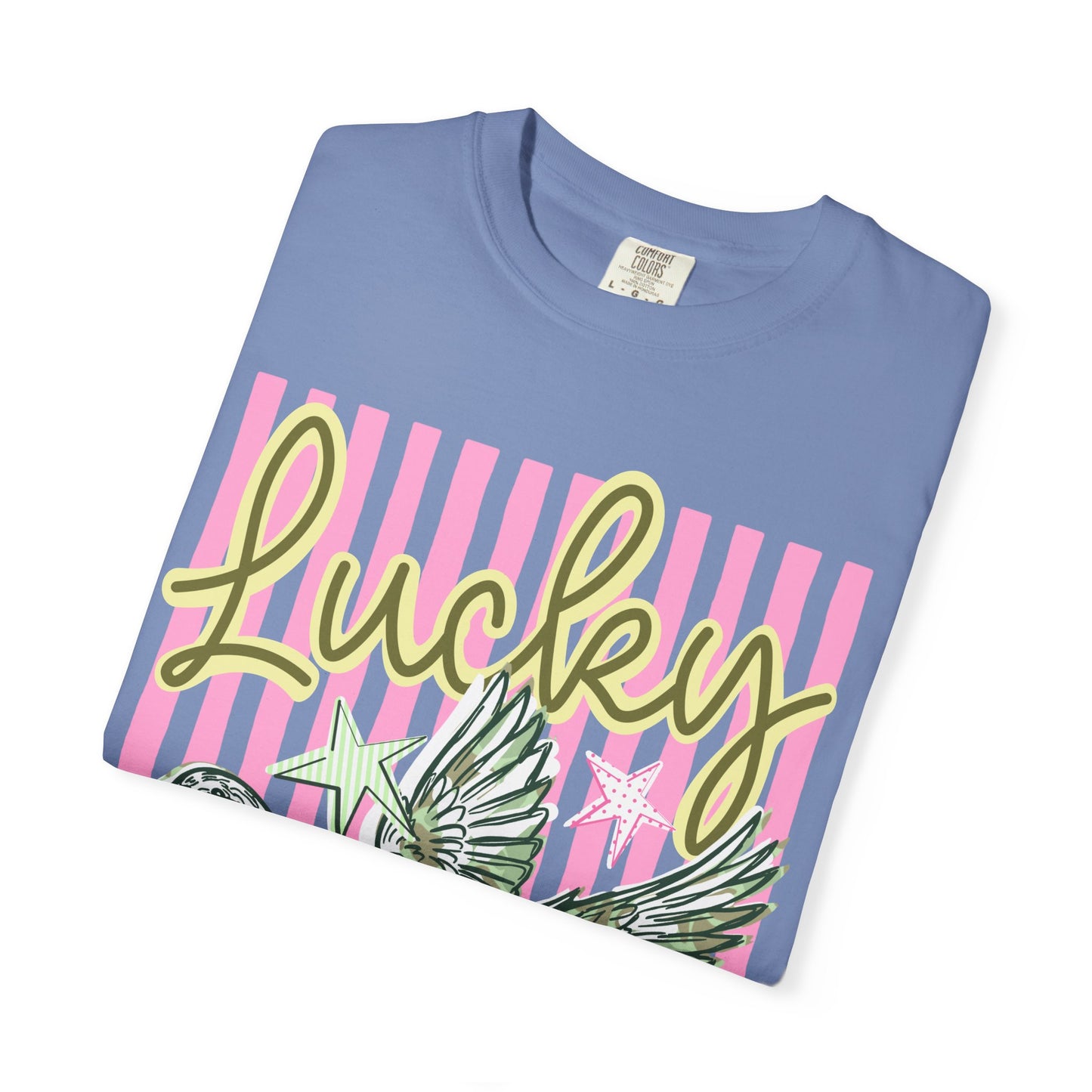 Lucky Duck T-Shirt — Retro Striped Graphic Tee with Flying Duck and Stars