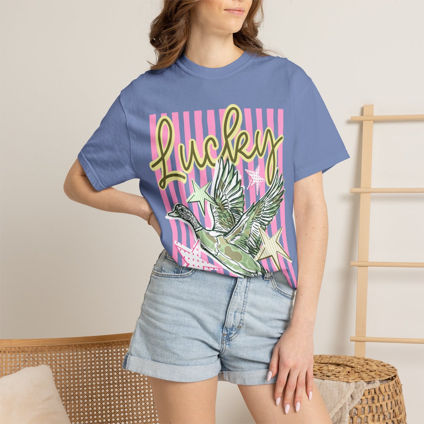 Lucky Duck T-Shirt — Retro Striped Graphic Tee with Flying Duck and Stars