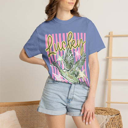 Lucky Duck T-Shirt — Retro Striped Graphic Tee with Flying Duck and Stars