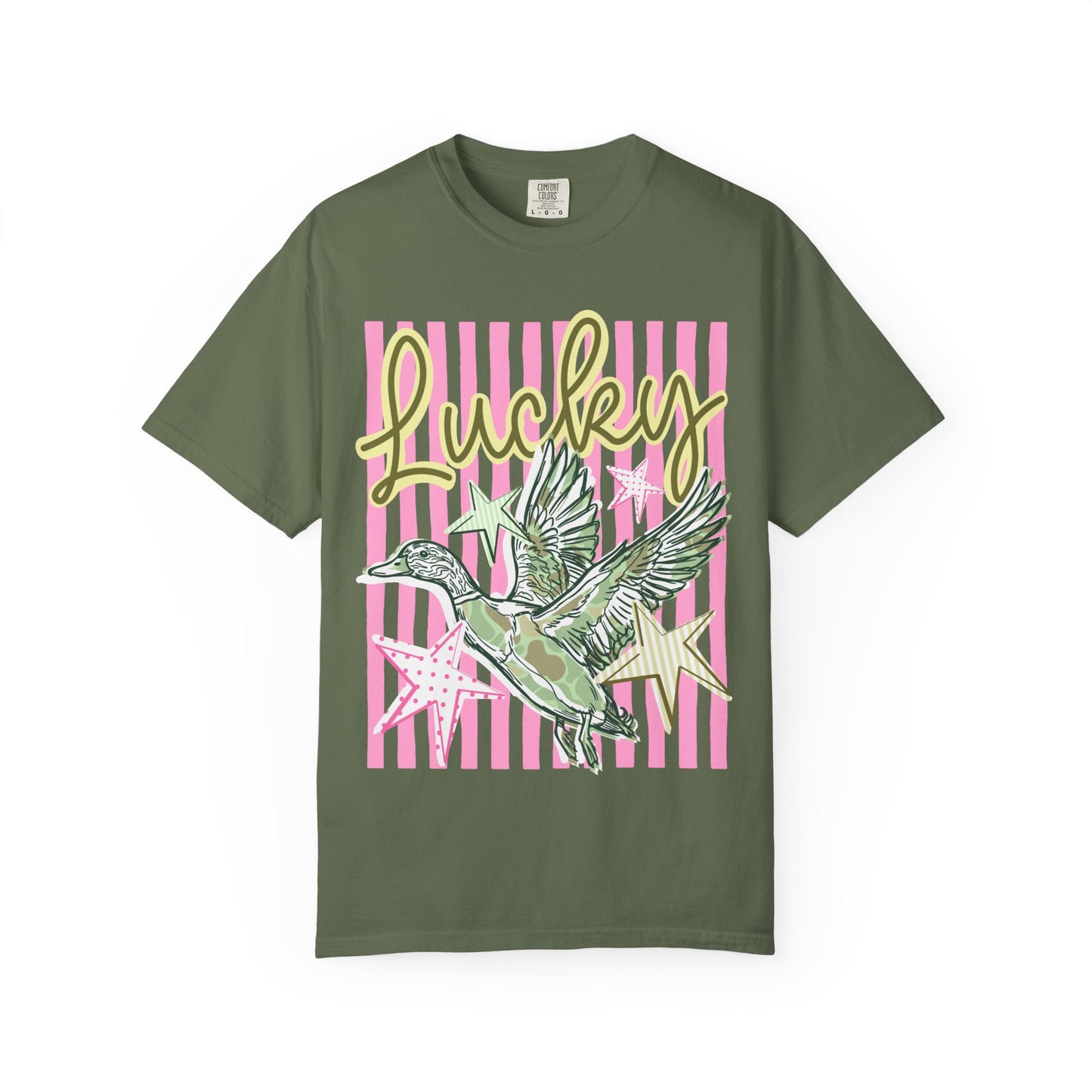 Lucky Duck T-Shirt — Retro Striped Graphic Tee with Flying Duck and Stars