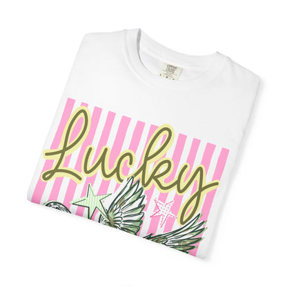 Lucky Duck T-Shirt — Retro Striped Graphic Tee with Flying Duck and Stars