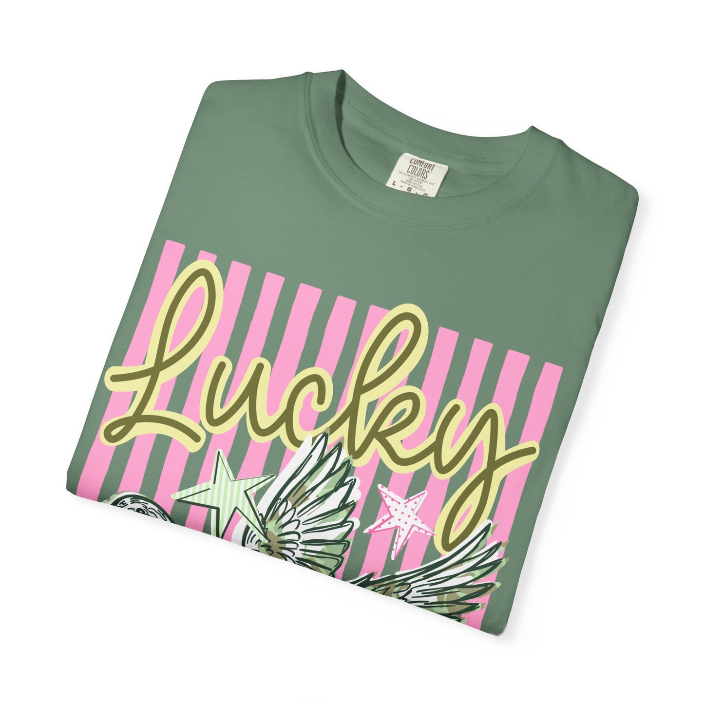 Lucky Duck T-Shirt — Retro Striped Graphic Tee with Flying Duck and Stars