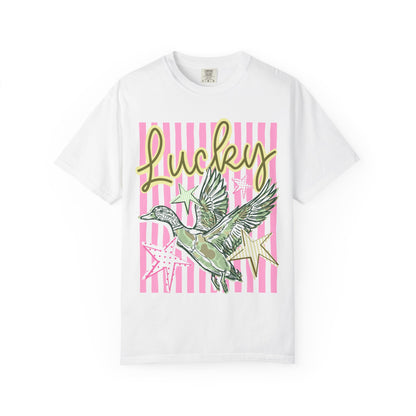 Lucky Duck T-Shirt — Retro Striped Graphic Tee with Flying Duck and Stars