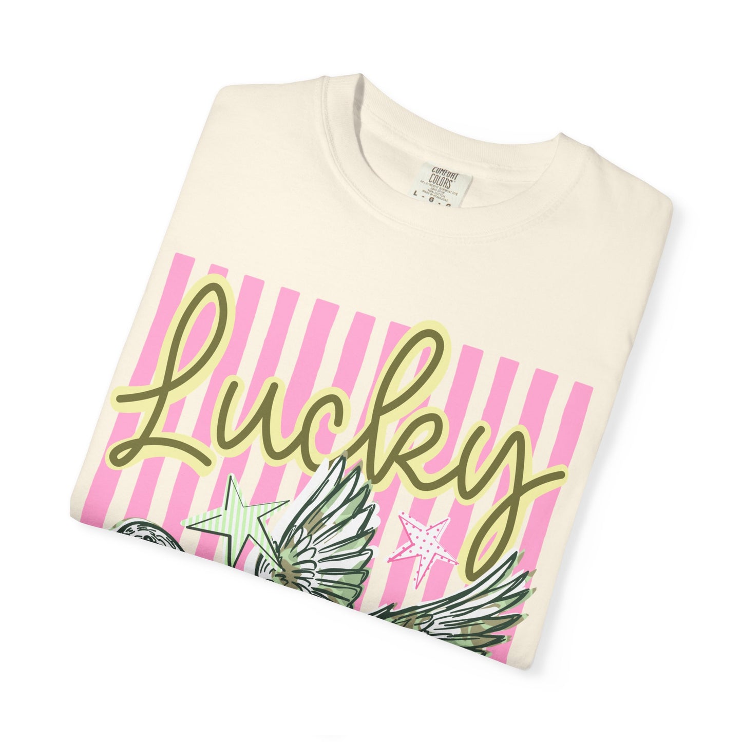 Lucky Duck T-Shirt — Retro Striped Graphic Tee with Flying Duck and Stars