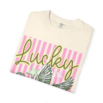 Lucky Duck T-Shirt — Retro Striped Graphic Tee with Flying Duck and Stars