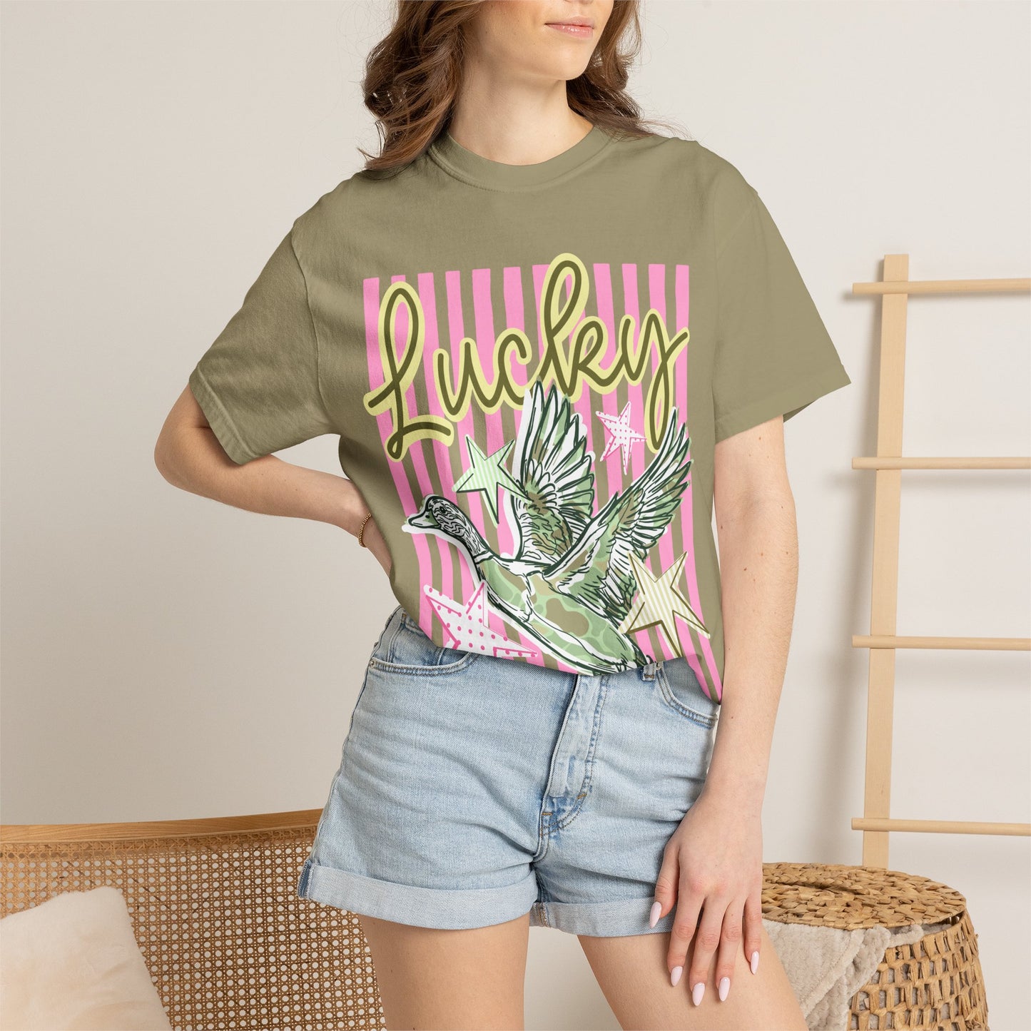 Lucky Duck T-Shirt — Retro Striped Graphic Tee with Flying Duck and Stars