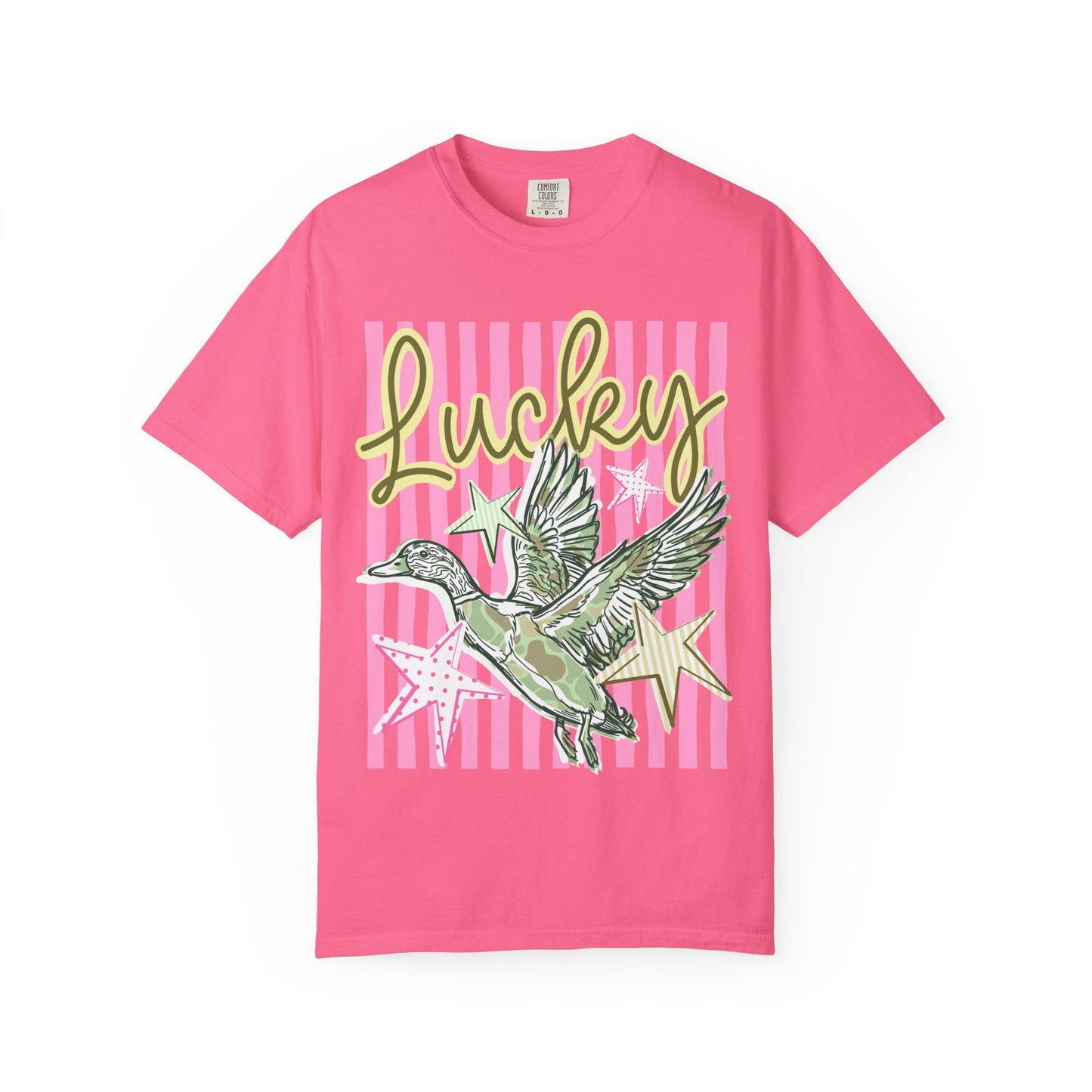Lucky Duck T-Shirt — Retro Striped Graphic Tee with Flying Duck and Stars