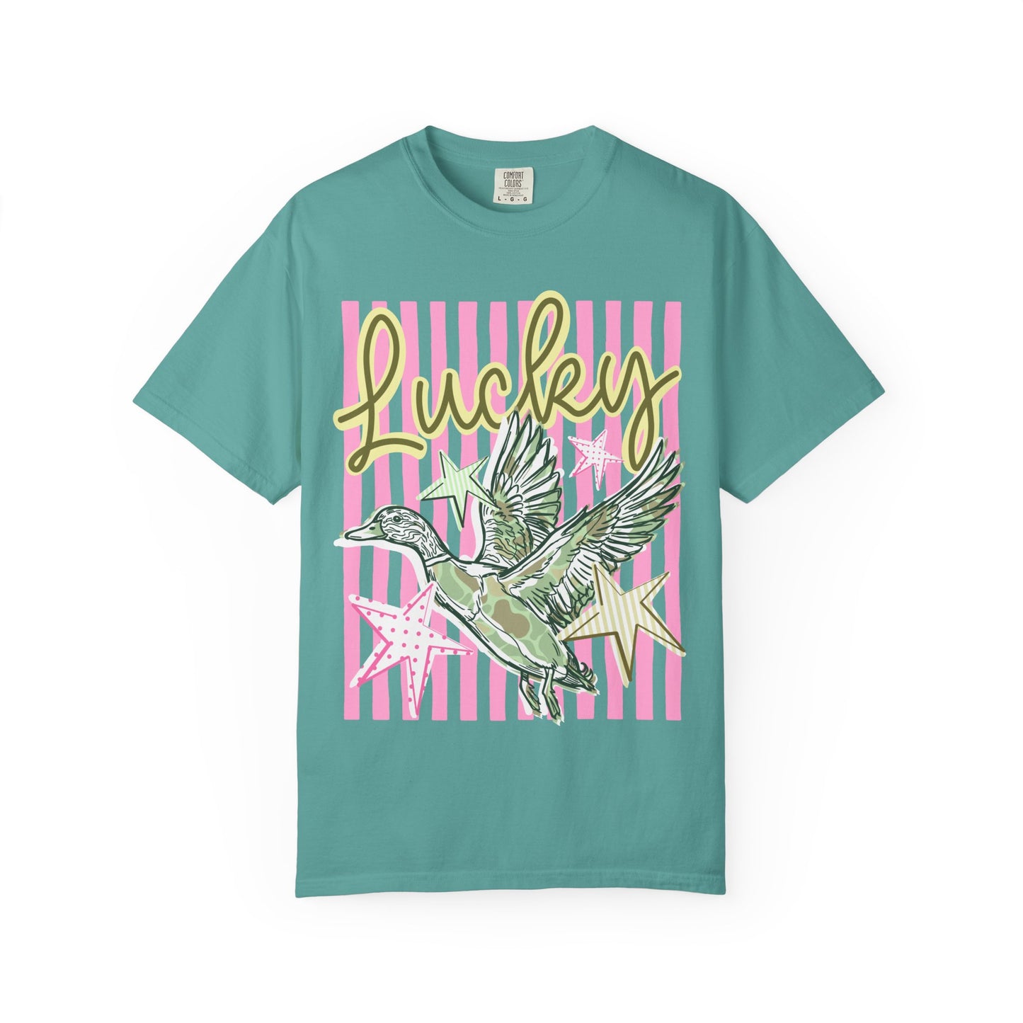 Lucky Duck T-Shirt — Retro Striped Graphic Tee with Flying Duck and Stars