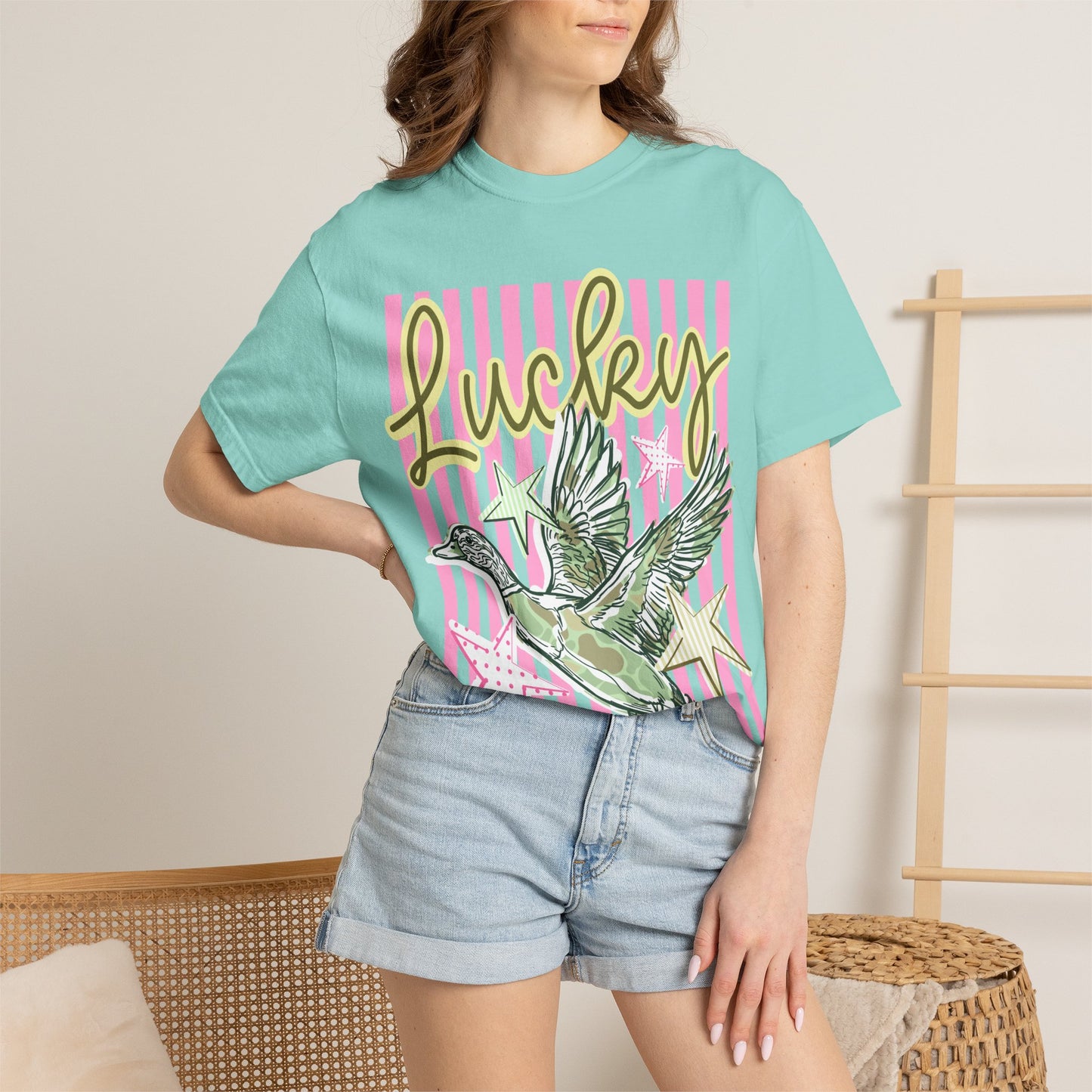 Lucky Duck T-Shirt — Retro Striped Graphic Tee with Flying Duck and Stars