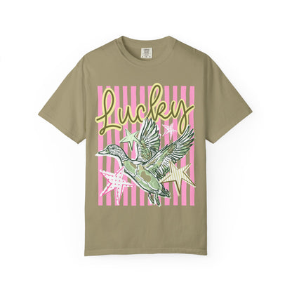 Lucky Duck T-Shirt — Retro Striped Graphic Tee with Flying Duck and Stars