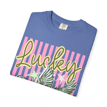 Lucky Duck T-Shirt — Retro Striped Graphic Tee with Flying Duck and Stars