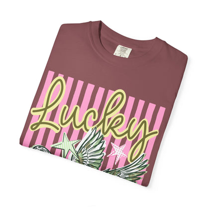 Lucky Duck T-Shirt — Retro Striped Graphic Tee with Flying Duck and Stars