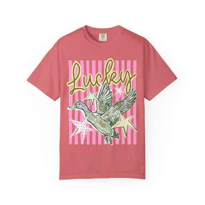 Lucky Duck T-Shirt — Retro Striped Graphic Tee with Flying Duck and Stars