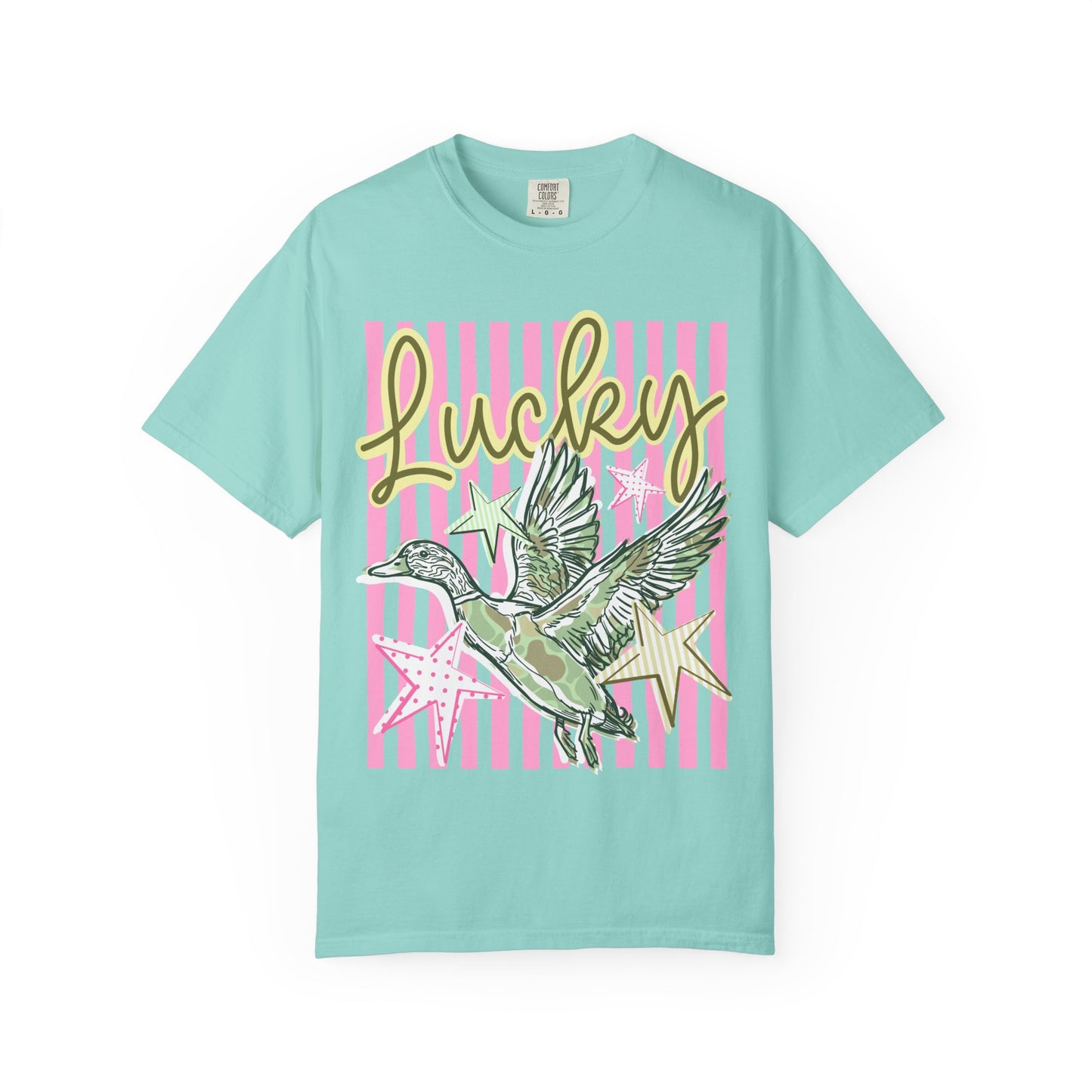 Lucky Duck T-Shirt — Retro Striped Graphic Tee with Flying Duck and Stars