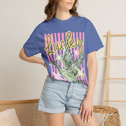 Lucky Duck T-Shirt — Retro Striped Graphic Tee with Flying Duck and Stars