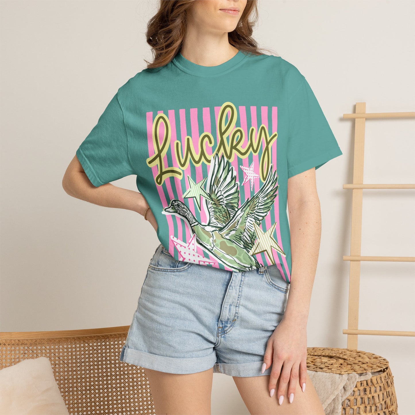 Lucky Duck T-Shirt — Retro Striped Graphic Tee with Flying Duck and Stars