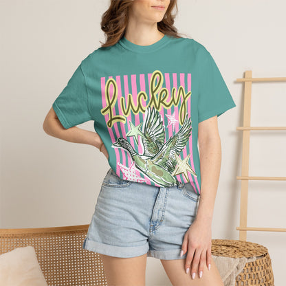 Lucky Duck T-Shirt — Retro Striped Graphic Tee with Flying Duck and Stars