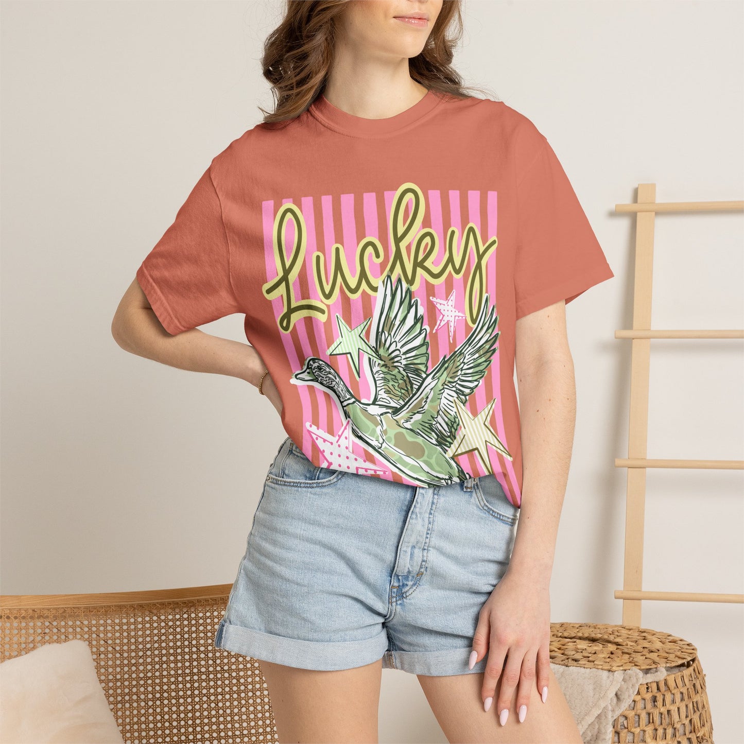Lucky Duck T-Shirt — Retro Striped Graphic Tee with Flying Duck and Stars