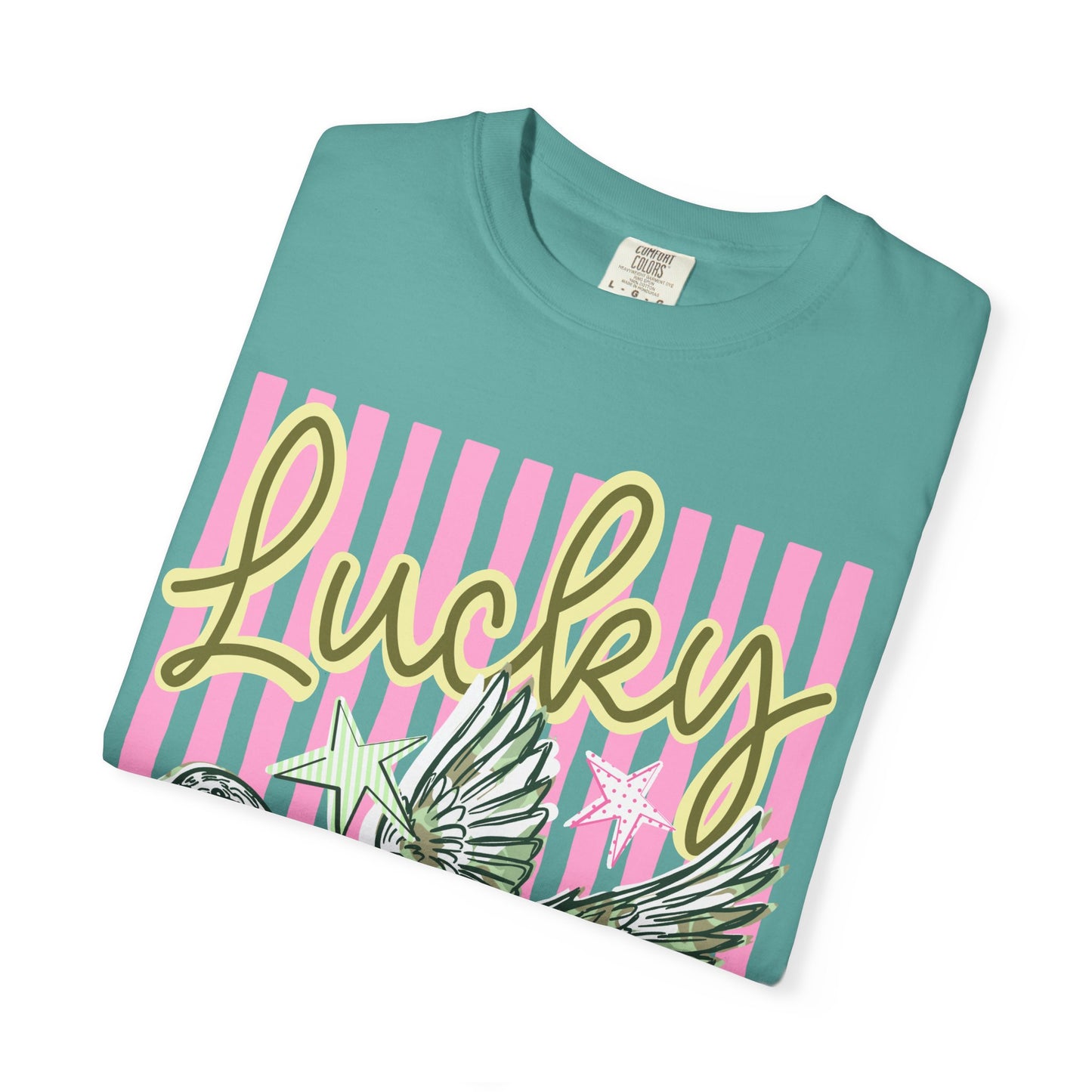 Lucky Duck T-Shirt — Retro Striped Graphic Tee with Flying Duck and Stars