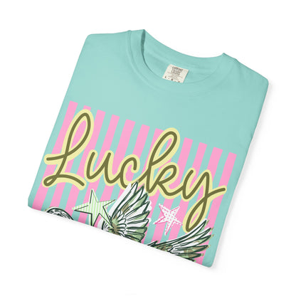 Lucky Duck T-Shirt — Retro Striped Graphic Tee with Flying Duck and Stars