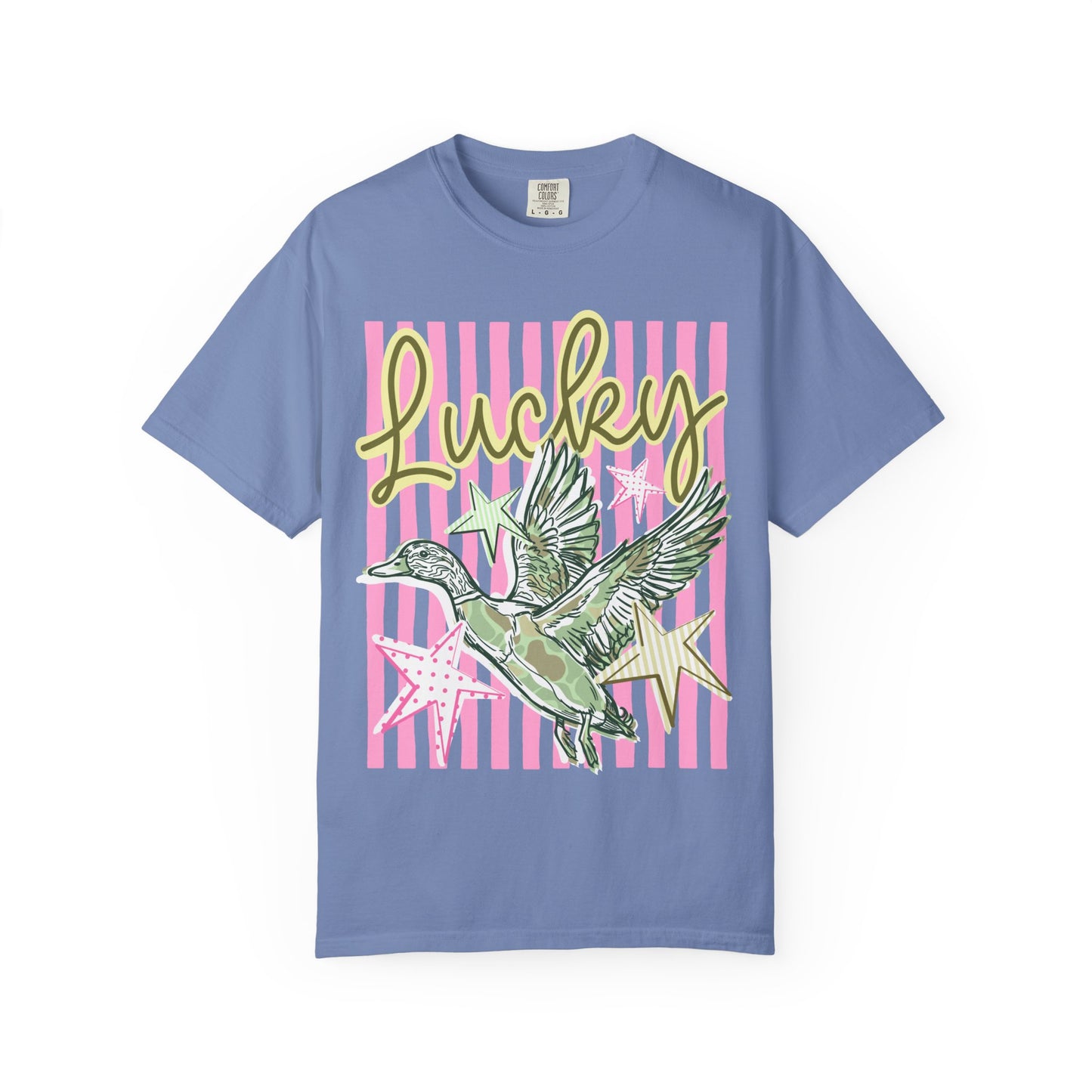 Lucky Duck T-Shirt — Retro Striped Graphic Tee with Flying Duck and Stars