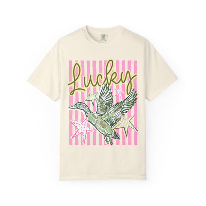 Lucky Duck T-Shirt — Retro Striped Graphic Tee with Flying Duck and Stars