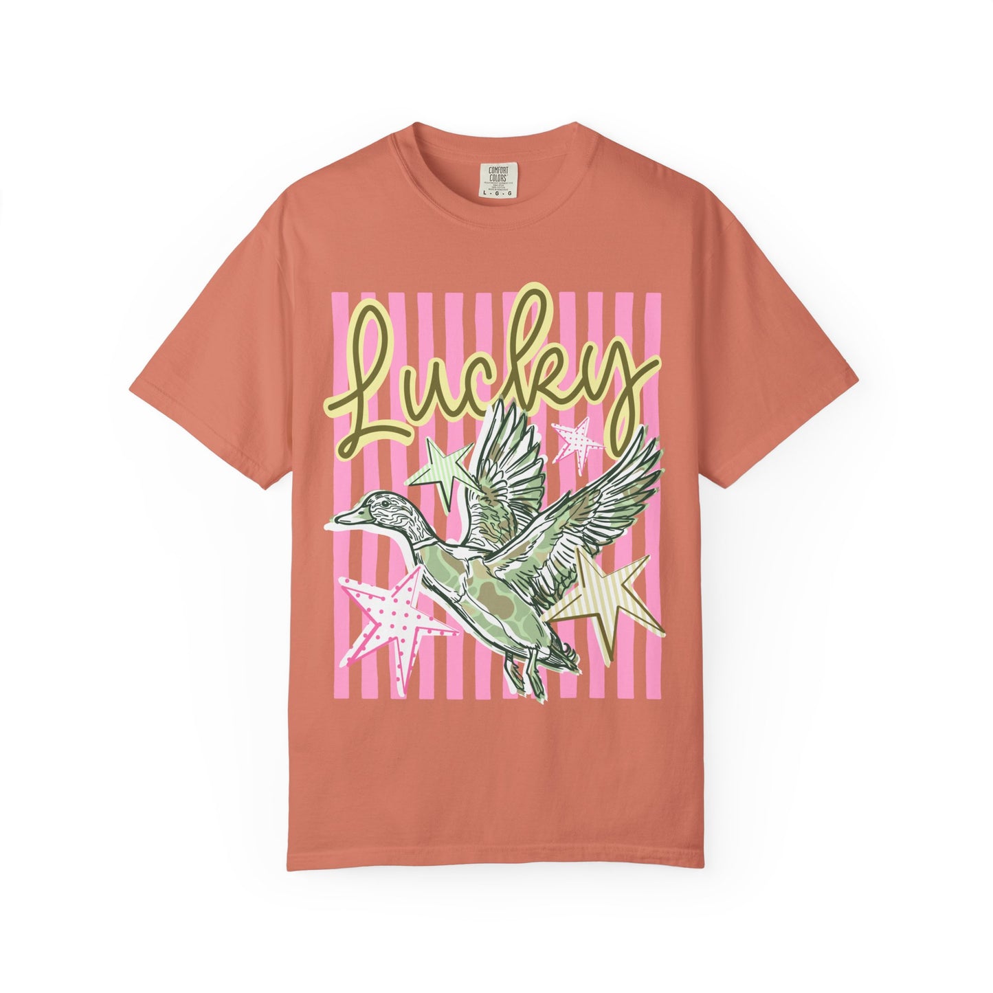 Lucky Duck T-Shirt — Retro Striped Graphic Tee with Flying Duck and Stars