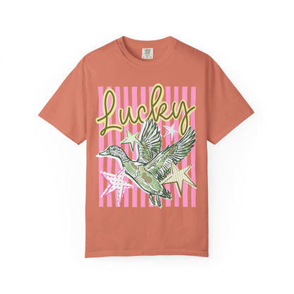 Lucky Duck T-Shirt — Retro Striped Graphic Tee with Flying Duck and Stars