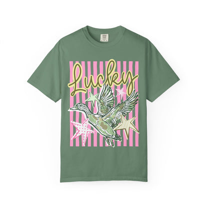 Lucky Duck T-Shirt — Retro Striped Graphic Tee with Flying Duck and Stars